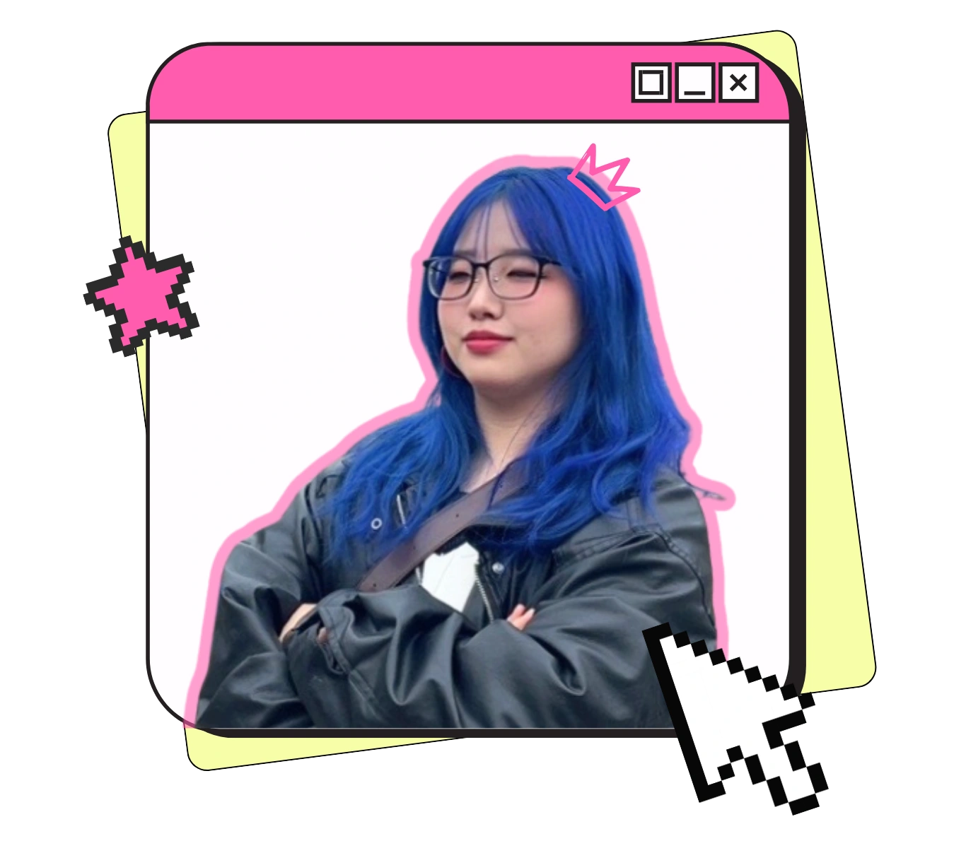 Kexin Chen with blue hair, in a pink retro computer window with a pixel star and cursor